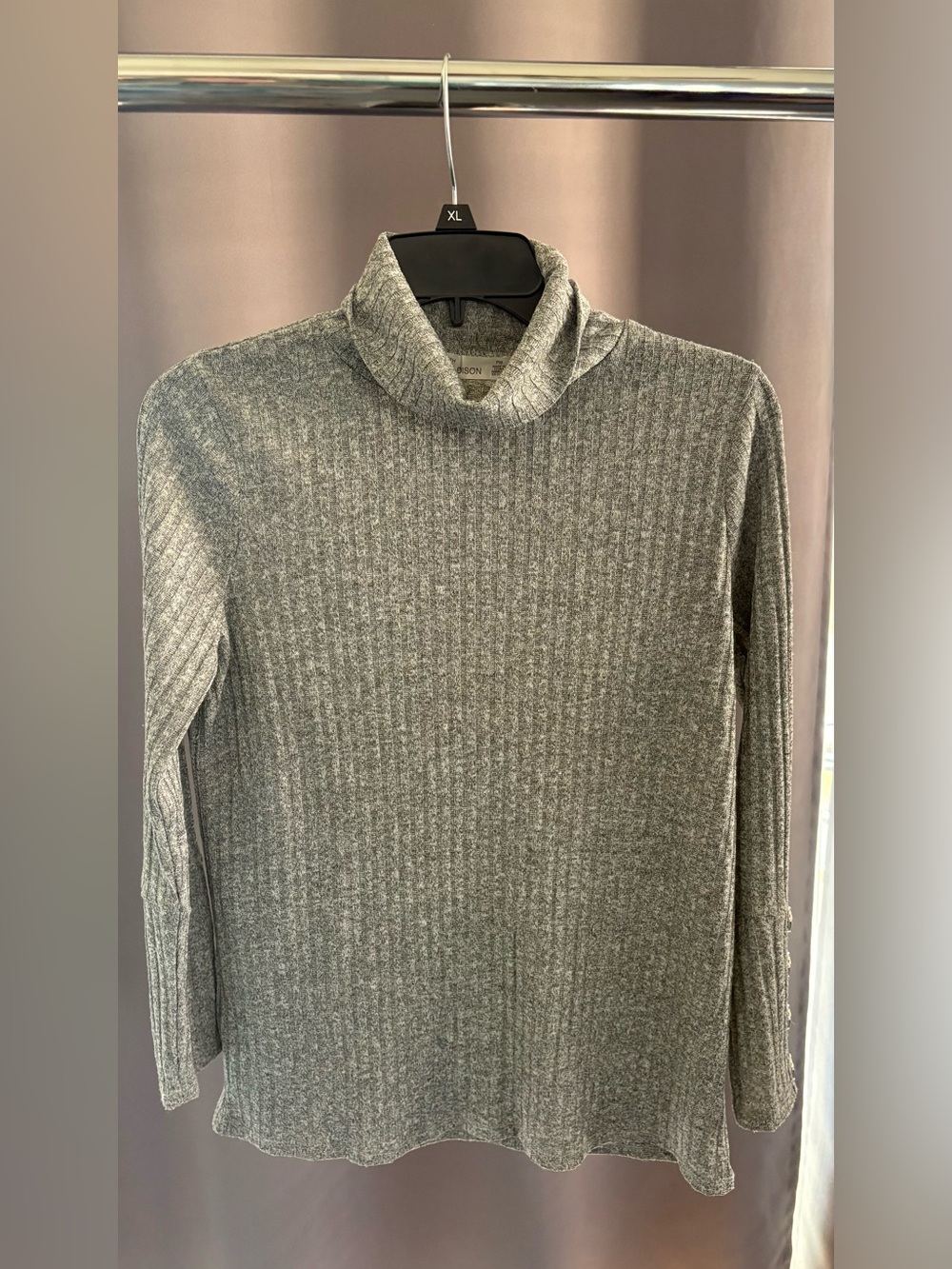 89th + Madison Heather Gray Ribbed Knit Turtleneck Sweater Button Cuff Petite PM